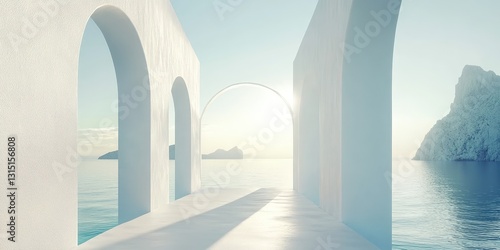 Arched minimalist seascape design with bright sun and tranquil water