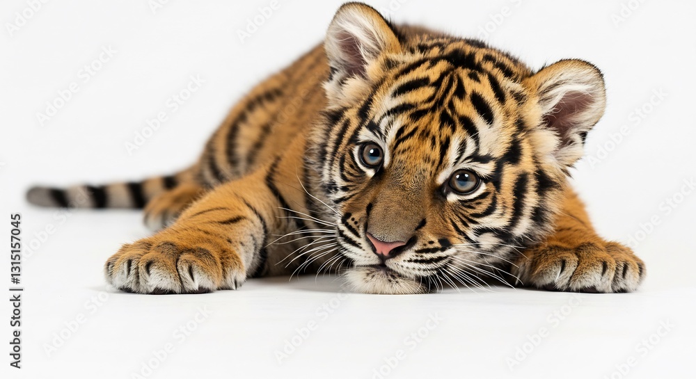 Obraz premium Adorable tiger cub rests peacefully soft light bathes its fur. AI Generated