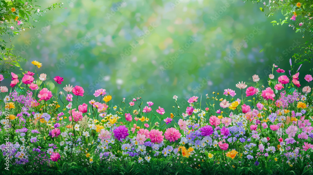 Fototapeta premium Colorful flower garden blooming in spring sunlight, showcasing vibrant petals and lush greenery