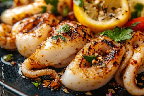 Delicious Grilled Squid Rings Lemon Herb Seasoning Appetizer Mediterranean Seafood Gourmet Food Photography High Resolution Image Perfect for         