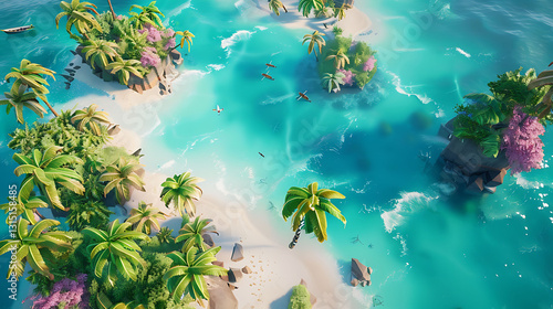 A vibrant coral atoll with turquoise water, white sand, and a few palm trees in