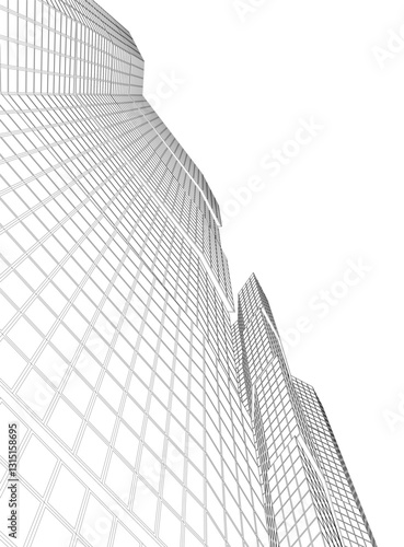 Futuristic Wireframe Skyscrapers – Abstract 3D Architectural Cityscape with Modern Geometric Structures