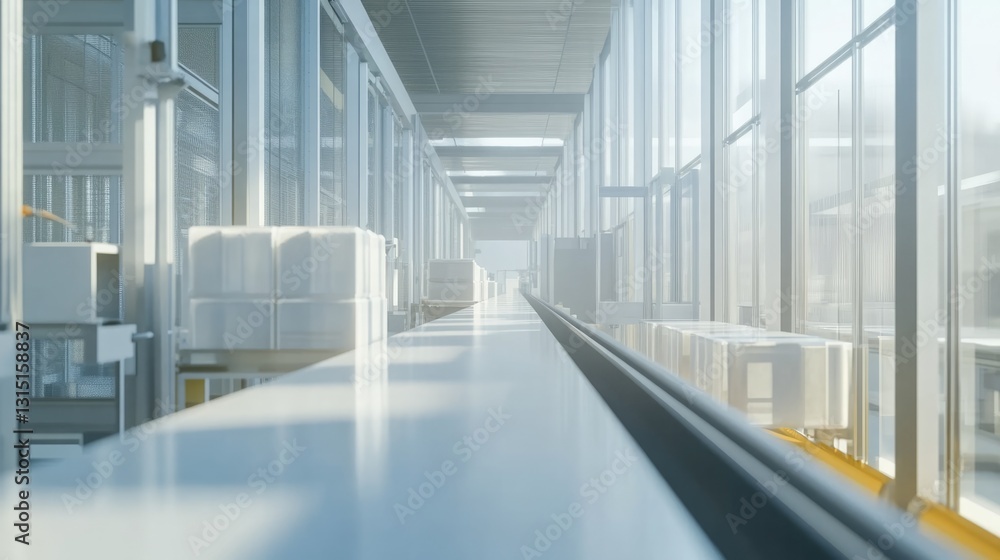 Modern Factory Interior with Conveyor Belt and Bright Windows Modern Factory Interior with Conveyor Belt and Bright Windows