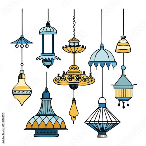 Vector illustration of abstract mosque architecture with dome and birdcage lamp design