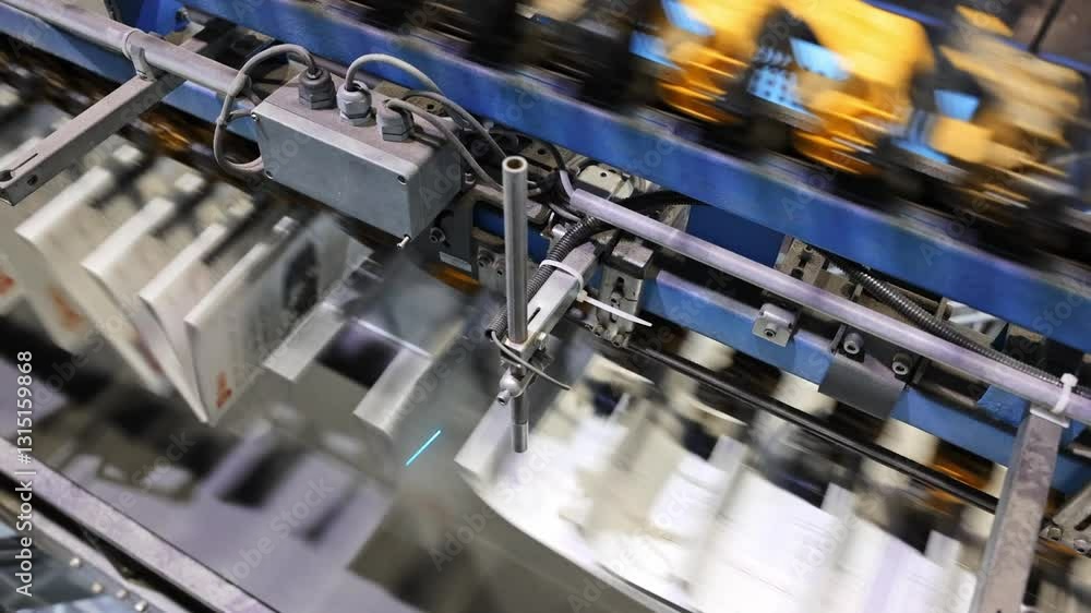 Detail view of a high volume print shop machine printing newspapers - moving the printed sheets to the next processing step Detail view of a high volume print shop machine printing newspapers - moving the printed sheets to the next processing step