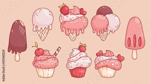 Sweets and desserts set. Ice cream ball cone and fruit and chocolate on stick, cream cupcake with strawberries, cherry, candy and hearts. Isolated sweet kawaii food. Vector illustration