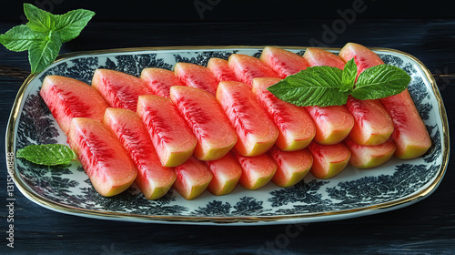 Slices of vibrant pink fruit arranged neatly on a decorative plate, garnished with fresh mint leaves