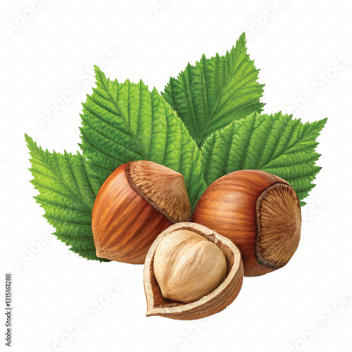 abstract 3d hazelnuts with leaves isolated on white background