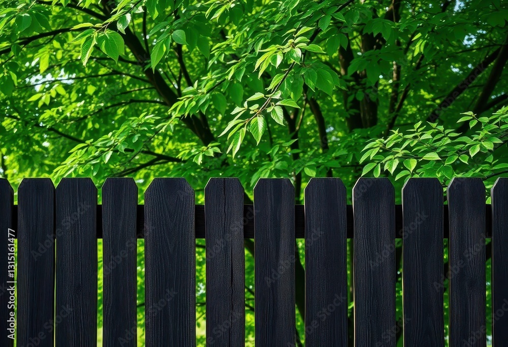Dark stained wooden fence against vibrant green leafy tree backdrop, bright, background