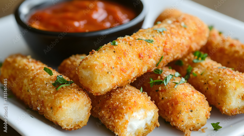 Deliciously crunchy mozzarella sticks served with tangy marinara sauce, the perfect appetizer for an authentic Italian meal. Deliciously crunchy mozzarella sticks served with tangy marinara sauce, the perfect appetizer for an authentic Italian meal.