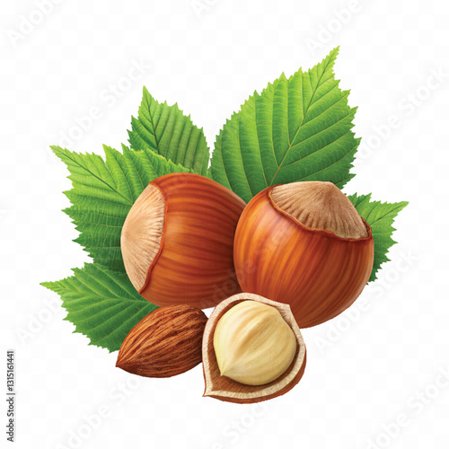 abstract 3d hazelnuts with leaves isolated on white background