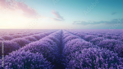 Serene Lavender Field Sunset Landscape  Rows of Purple Flowers  Peaceful Rural Scene  Calming Nature Image for Relaxation