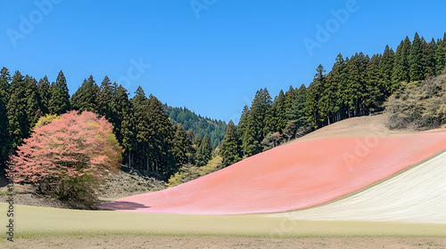 Pink and white hillside landscape in spring, Japan.  Use travel brochure, website background photo