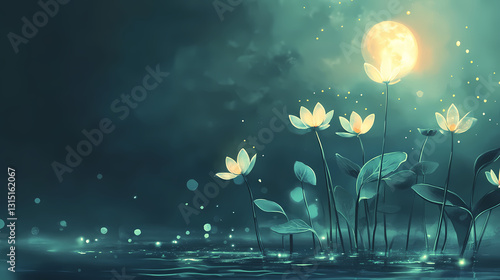 Softly glowing aquatic plants with ethereal lights amidst the water, misty, gentle, luminescent. luminescent - ocean. illustration. Ethereal - Moon. Illustration photo