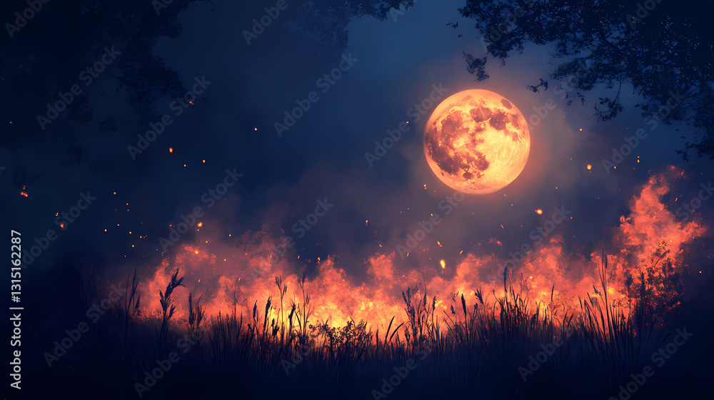 Softly glowing flames illuminate an ethereal landscape, haze, flames, subtle. Ethereal - Moon. Illustration Softly glowing flames illuminate an ethereal landscape, haze, flames, subtle. Ethereal - Moon. Illustration