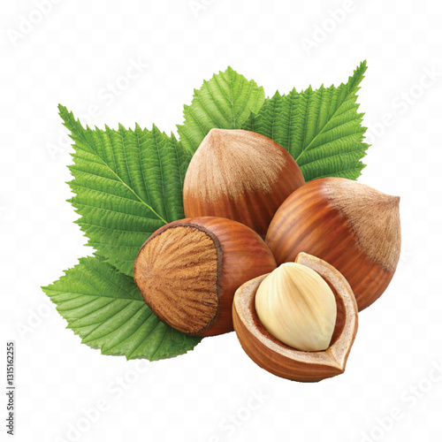 abstract 3d hazelnuts with leaves isolated on white background