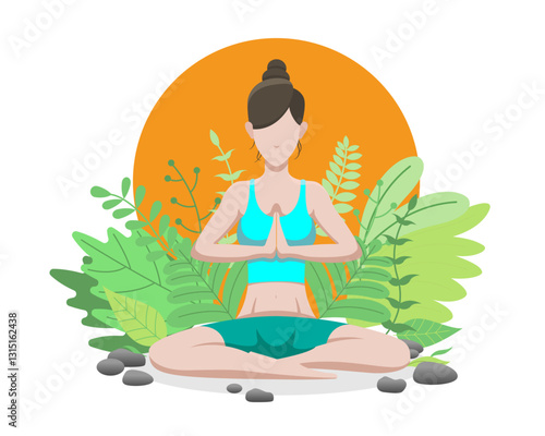 Woman meditating with plants in the background