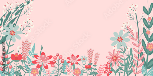 A vibrant floral pattern showcases an array of flowers and lush greenery against a soft pink background. The design introduces a cheerful and uplifting atmosphere.