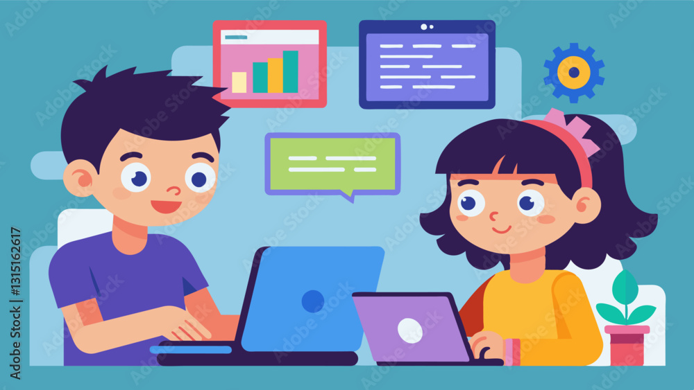Two siblings learning how to code together through interactive games and activities on educational software.. Vector illustration Two siblings learning how to code together through interactive games and activities on educational software.. Vector illustration