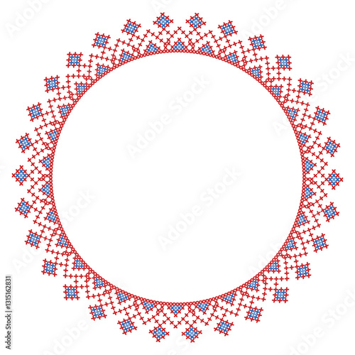 Round frame decorated with intricate red and blue cross-stitch patterns  cross-stitch motifs folk embroidery