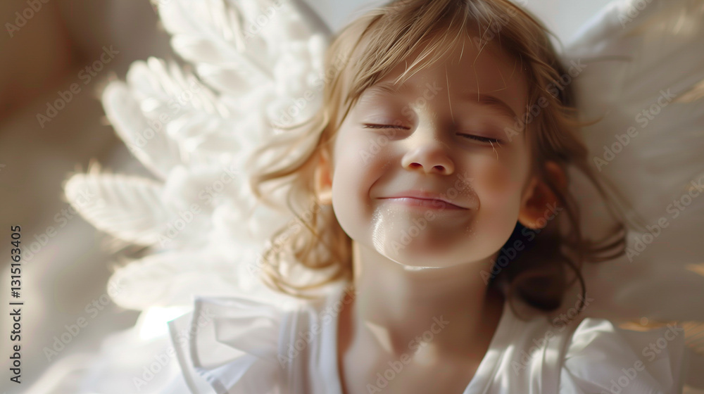 A young child with closed eyes and a serene smile, dressed in white with angel wings, basking in soft sunlight. A young child with closed eyes and a serene smile, dressed in white with angel wings, basking in soft sunlight.