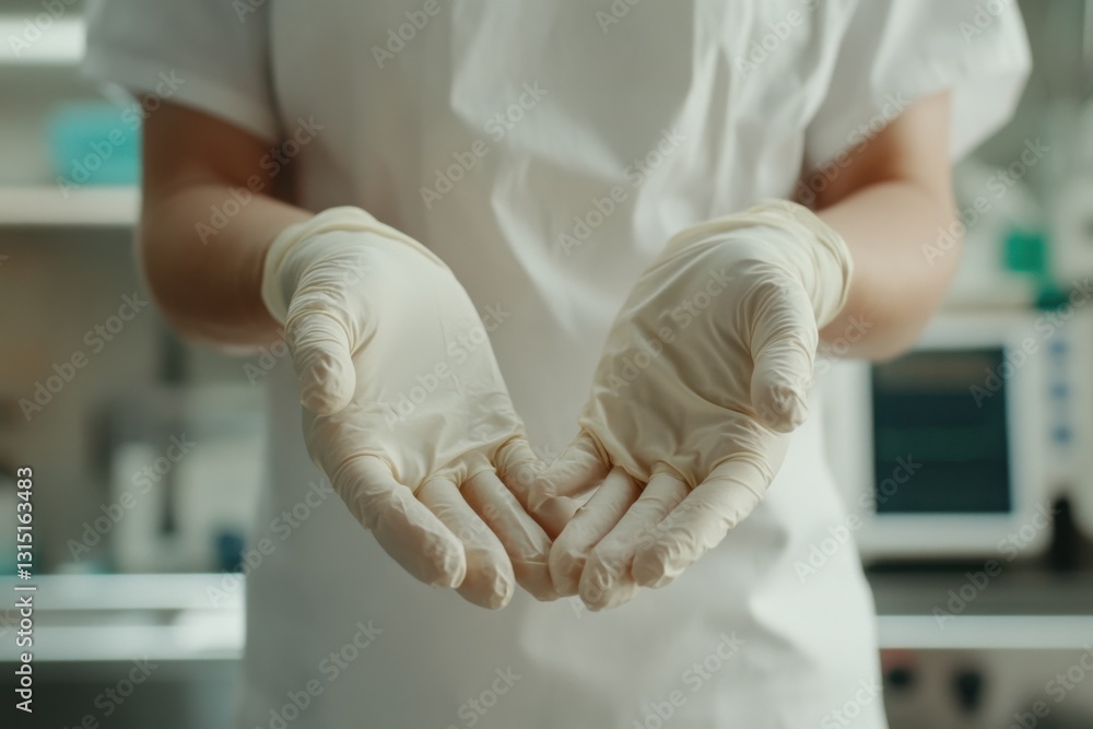 Fototapeta premium Surgeon's hands ready for operation with sterile gloves in a medical setting