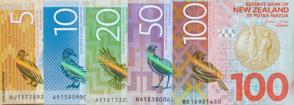 Fragments of New Zealand banknotes. Money New Zealand dollars, Panorama, financial banner