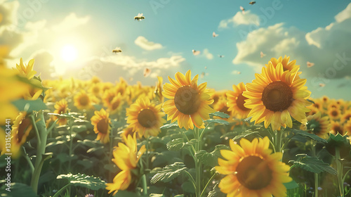 A vibrant sunflower field under a bright blue sky, with bees buzzing around the flowers in