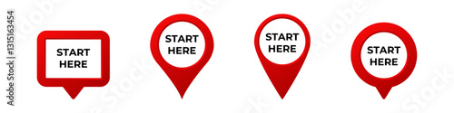 Red location pins with start here text, featuring different shapes for navigation purposes.