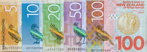 Obraz na płótnie Fragments of New Zealand banknotes. Money New Zealand dollars, Panorama, financial banner w salonie