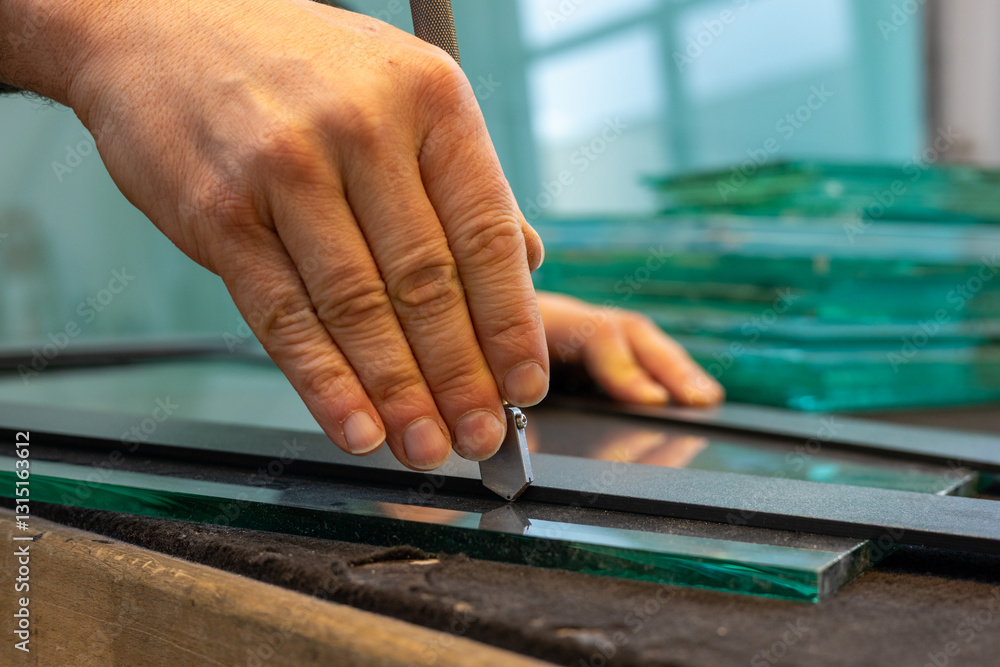 Work in a glass factory. A glazier cuts glass. Close up. A hand holding a cutter.