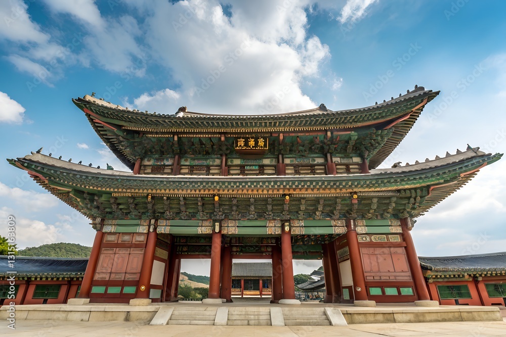 Majestic Gwanghwamun Gate In Seoul, A Symbol Of Koreas Rich History And Enduring Culture, Under A Vibrant Blue Sky With Fluffy Clouds Majestic Gwanghwamun Gate In Seoul, A Symbol Of Koreas Rich History And Enduring Culture, Under A Vibrant Blue Sky With Fluffy Clouds