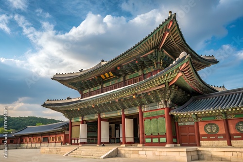 Majestic Korean Palace Under A Vibrant Sky, Showcasing Intricate Architecture And Rich Cultural Heritage With Warm Sunlight Illuminating Its Details