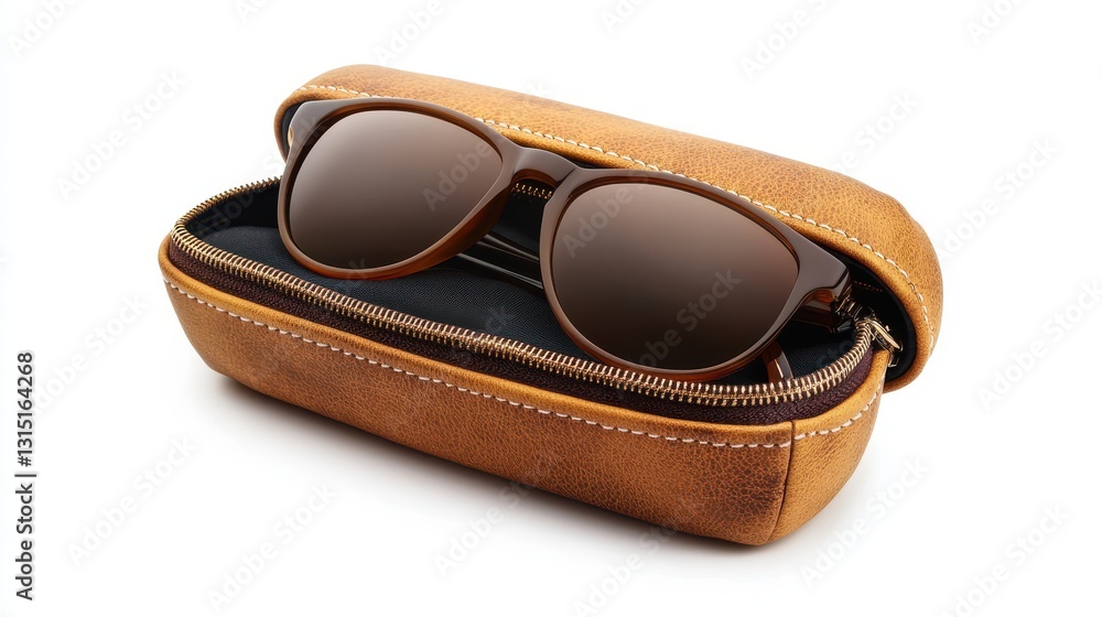 A designer sunglasses case with sunglasses inside on a white isolated background A designer sunglasses case with sunglasses inside on a white isolated background