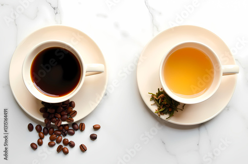Cup of coffee and tea seen from above