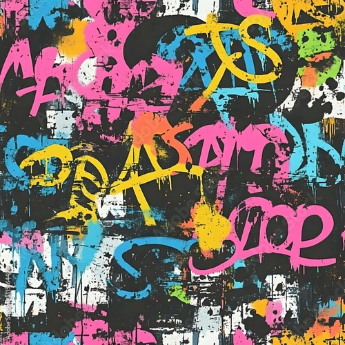 A raw and edgy seamless graffiti texture with vibrant spray paint splatters, bold lettering, and worn stencil designs. The repeating pattern showcases overlapping tags, distressed wall textures,