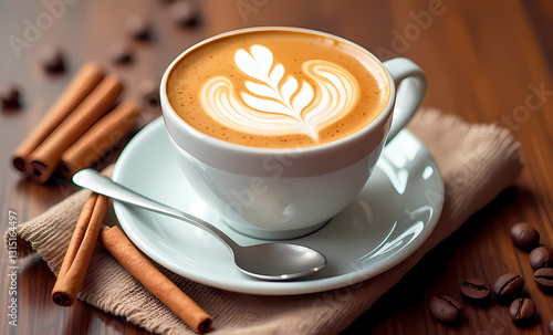 Coffee cup with design and coffee beans on the table