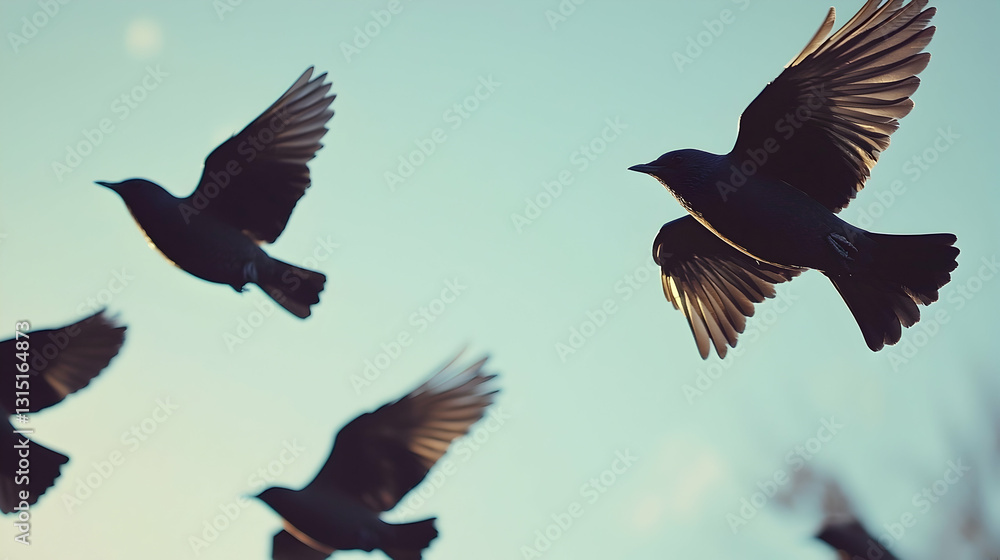 Obraz premium Birds in flight, dusk sky, trees background, nature freedom