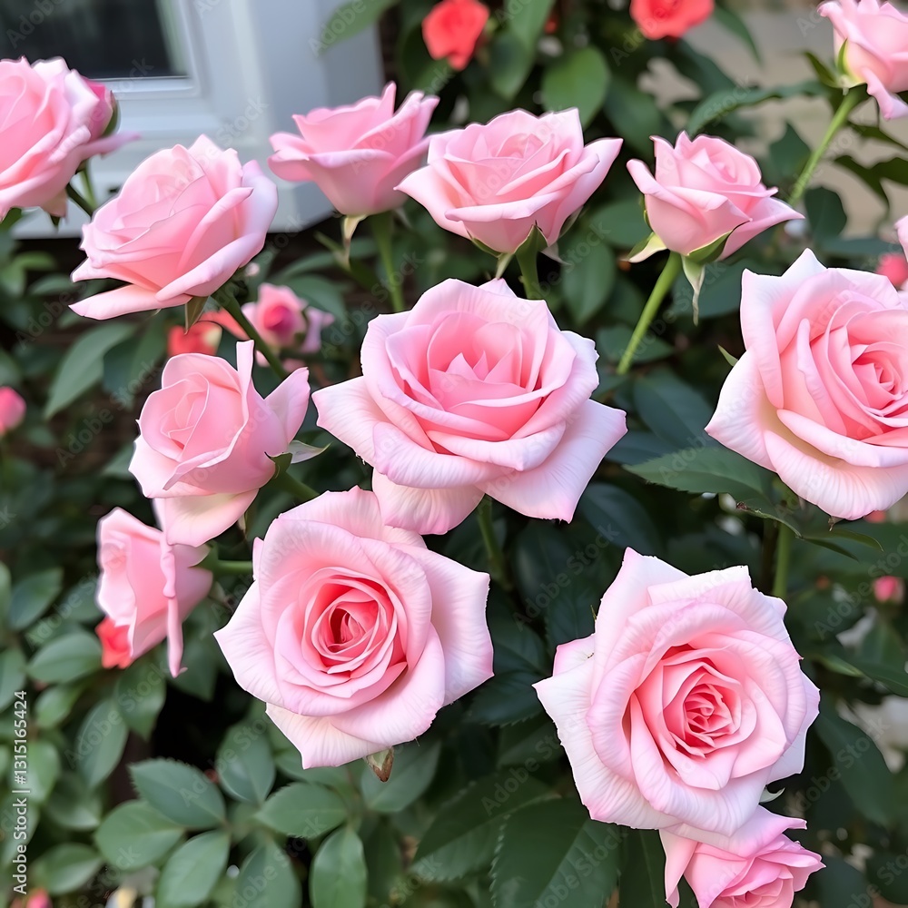Blooming pink roses in a garden, showcasing delicate petals and vibrant colors Blooming pink roses in a garden, showcasing delicate petals and vibrant colors