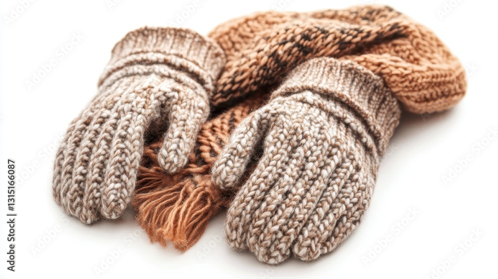 A pair of winter gloves and a scarf on a white isolated background A pair of winter gloves and a scarf on a white isolated background