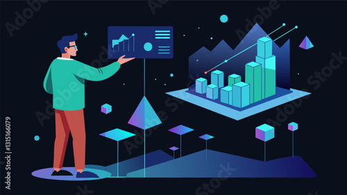 The presenter utilizes advanced projection mapping techniques to create a virtual landscape where data points are transformed into architectural structures bringing a unique visual. Vector