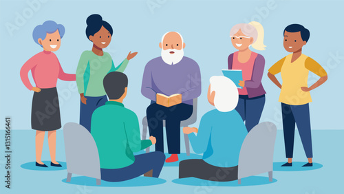 A sense of camaraderie and understanding fills the room as the the leads the group in a discussion on coping with loneliness and isolation in old age.. Vector illustration