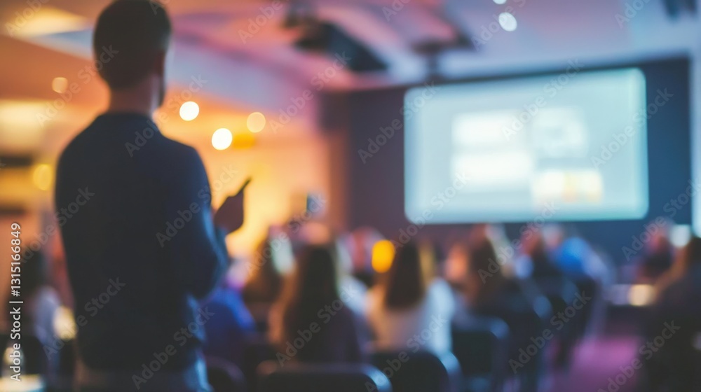 Blurred image of a speaker addressing an audience at a conference.