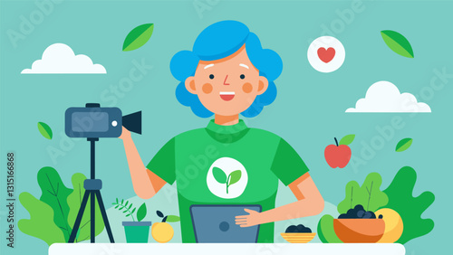 As an advocate for sustainable and ethical eating this senior food vlogger uses her platform to raise awareness and promote responsible consumption.. Vector illustration
