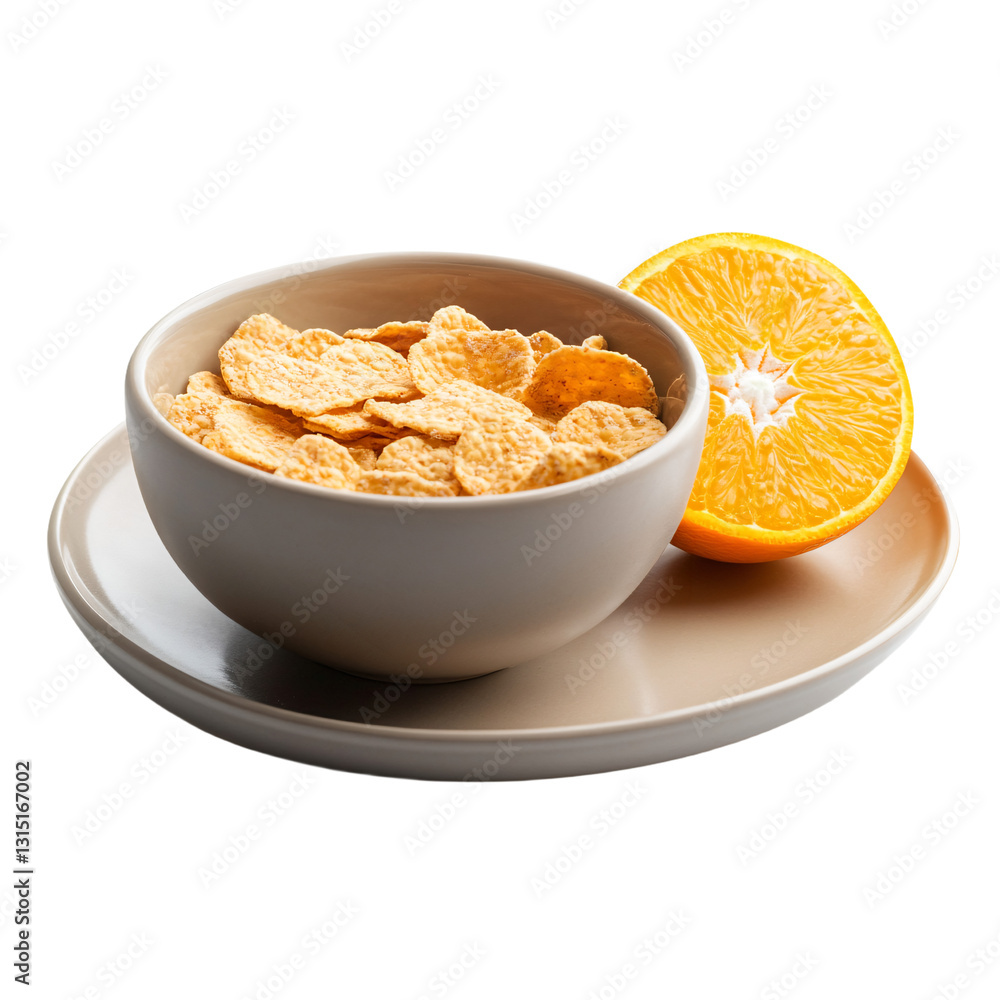 a bowl of cereal with an orange slice on a plate a bowl of cereal with an orange slice on a plate