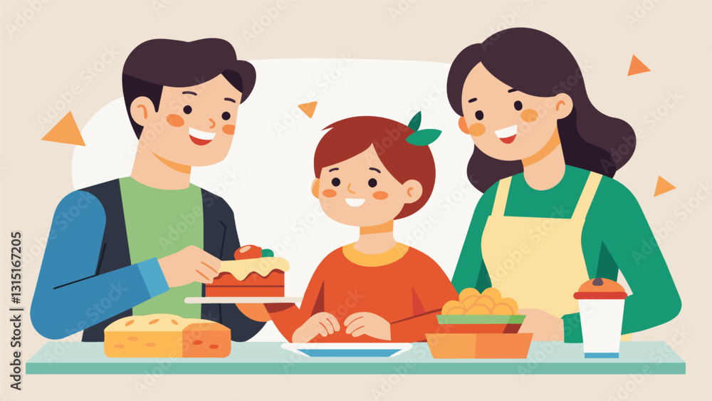 The sound of laughter and chatter fills the room as the family works together to assemble the perfect combination of meat cheese and sauce.. Vector illustration The sound of laughter and chatter fills the room as the family works together to assemble the perfect combination of meat cheese and sauce.. Vector illustration