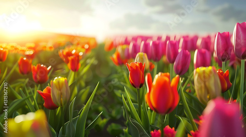 A vibrant tulip field with rows of colorful flowers, a clear sky, and soft sunlight in