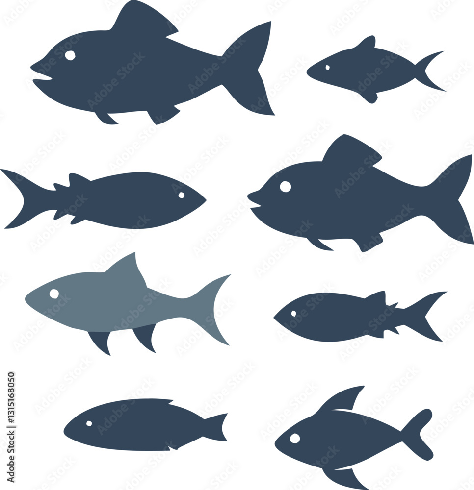 Obraz premium A vector set of marine fish illustrations showcases various aquatic animals swimming in the ocean, perfect for seafood or wildlife designs