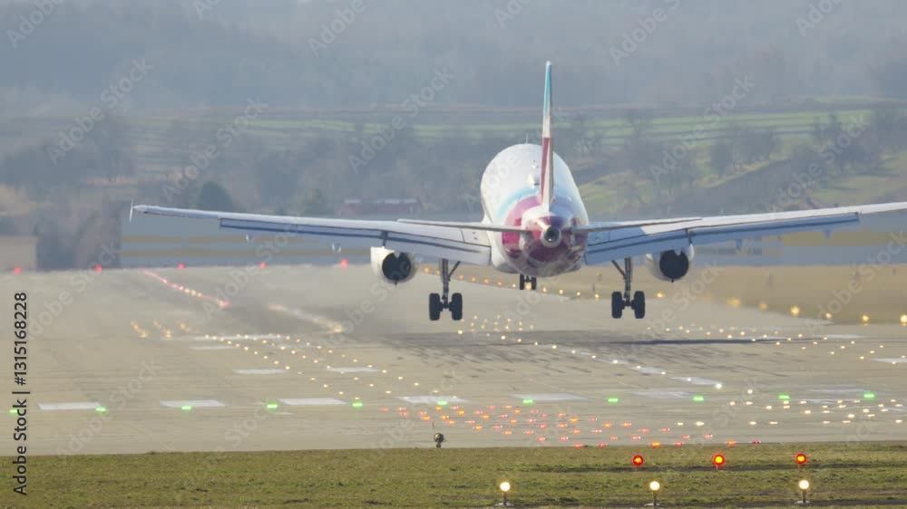 Passenger airliner touches down on runway during daylight landing at busy airport Passenger airliner touches down on runway during daylight landing at busy airport
