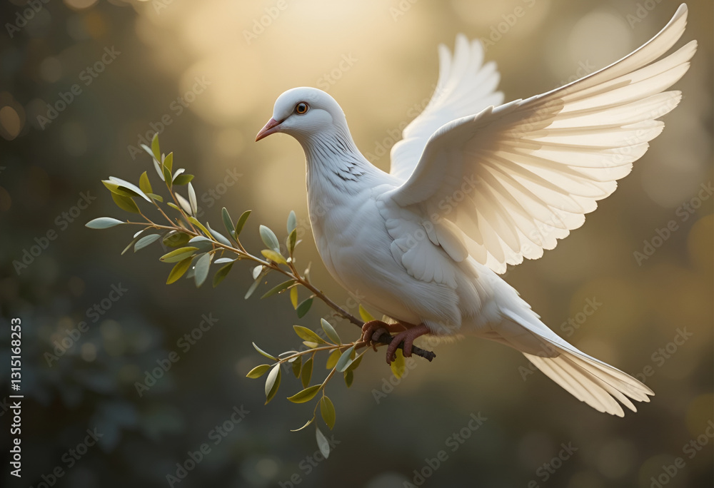 Elegant White Dove with Olive Branch in Flight at Sunset Elegant White Dove with Olive Branch in Flight at Sunset
